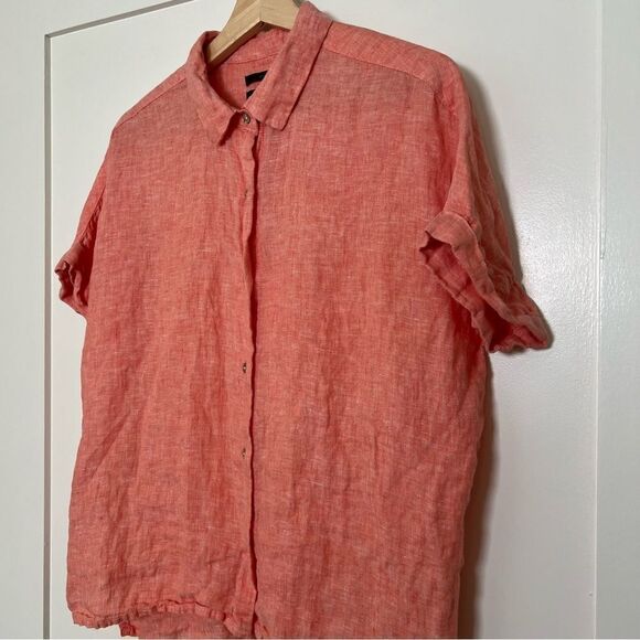 Rachel Roy Shirt Top Womens Sz M Salmon Linen Button Up Short Sleeve Rolled Cuff - Picture 4 of 12